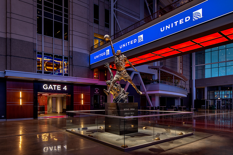 A statue of NBA basketball star Michael Jordan wears a Chicago Blackhawks  jersey outside the United Center before the start of Game 3 of the NHL  hockey Stanley Cup Final between the